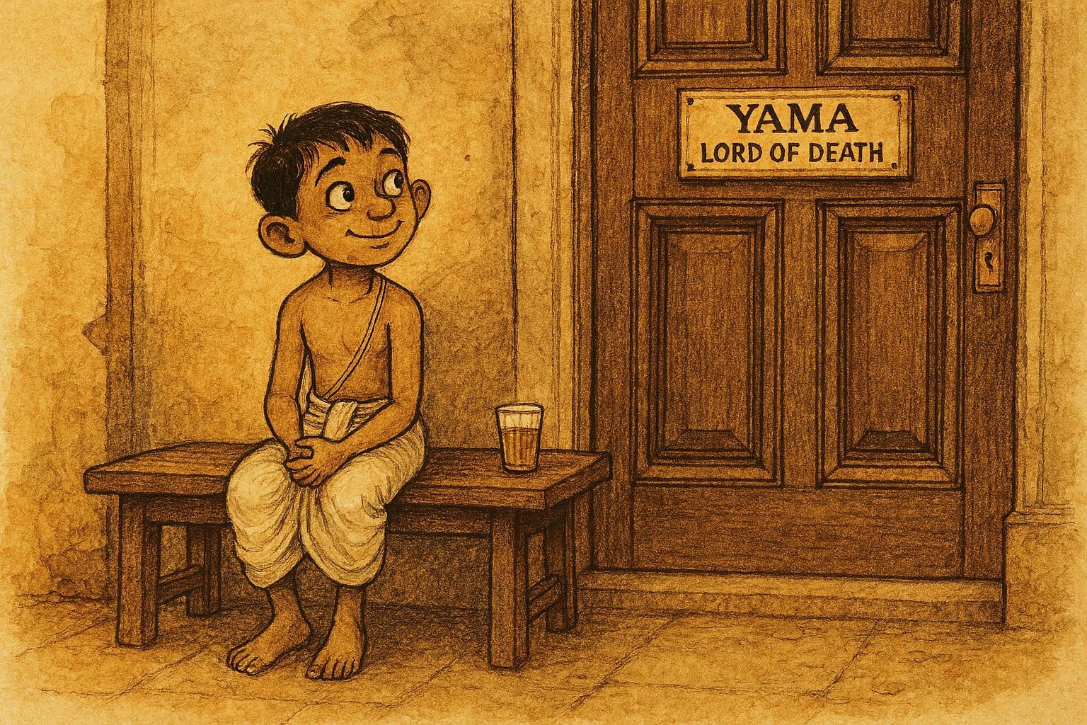 Young Nachiketa waiting patiently at the doors of Yama, the Lord of Death.