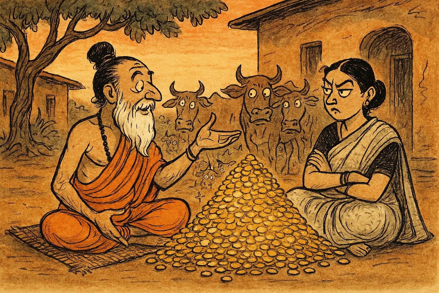 Sage Yajnavalkya offering his vast worldly wealth to his wife Maitreyi, who looks back unbothered by the gold.
