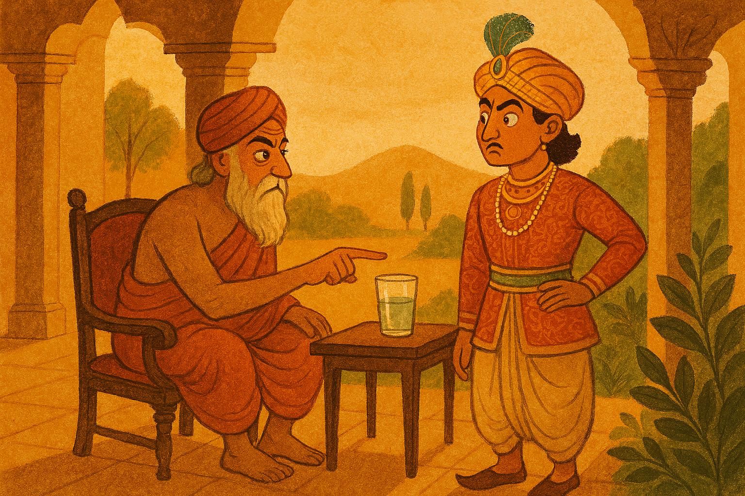 Sage Uddalaka Aruni teaching his arrogant son Svetaketu the truth of the universe with a glass of water.
