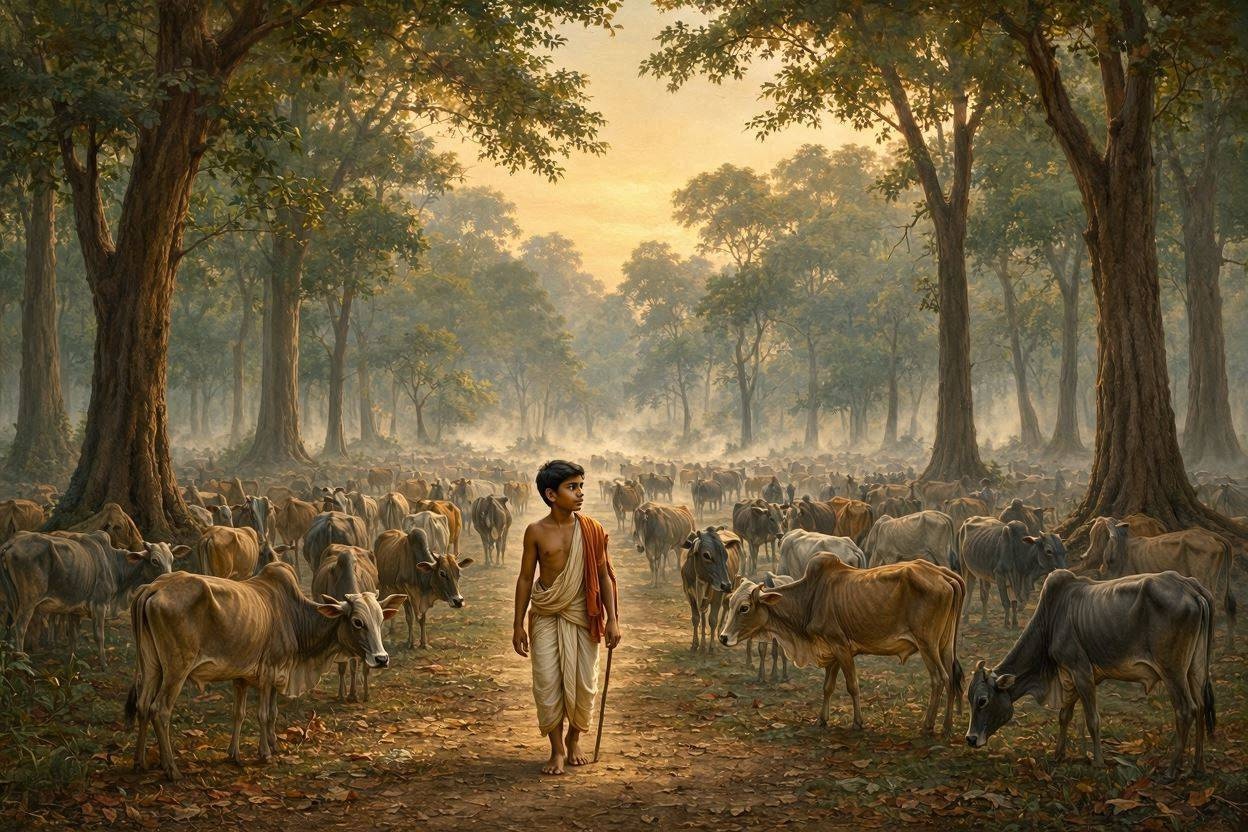 A boy walking alone through an ancient Indian forest at dawn