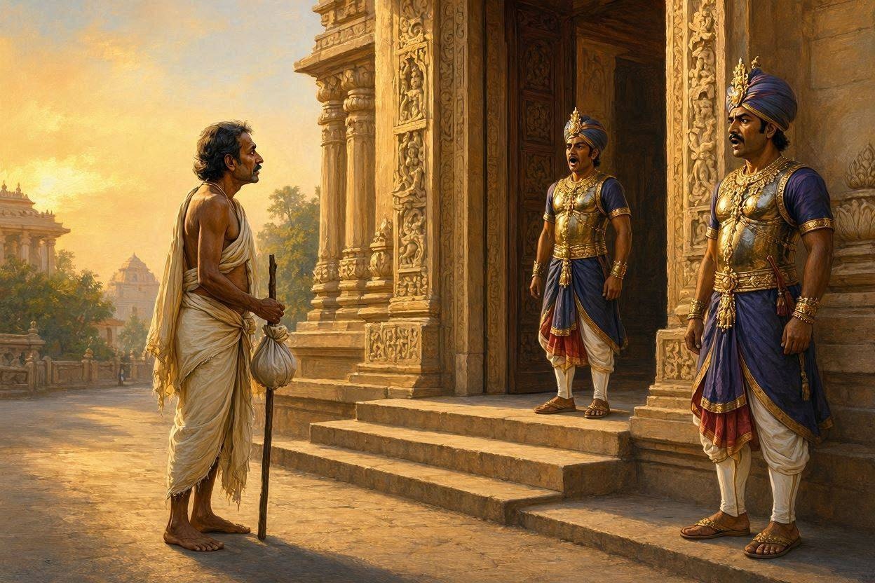Sudama arriving at the entrance of Krishna's palace in Dwaraka, holding a stick with a small bundle of flattened rice tied at one end.